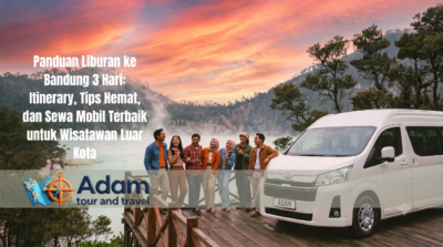 Pemandangan dramatis sunset di pegunungan Bandung dengan armada Hiace, ilustrasi liburan Bandung 3 hari dan sewa mobil dengan supir.